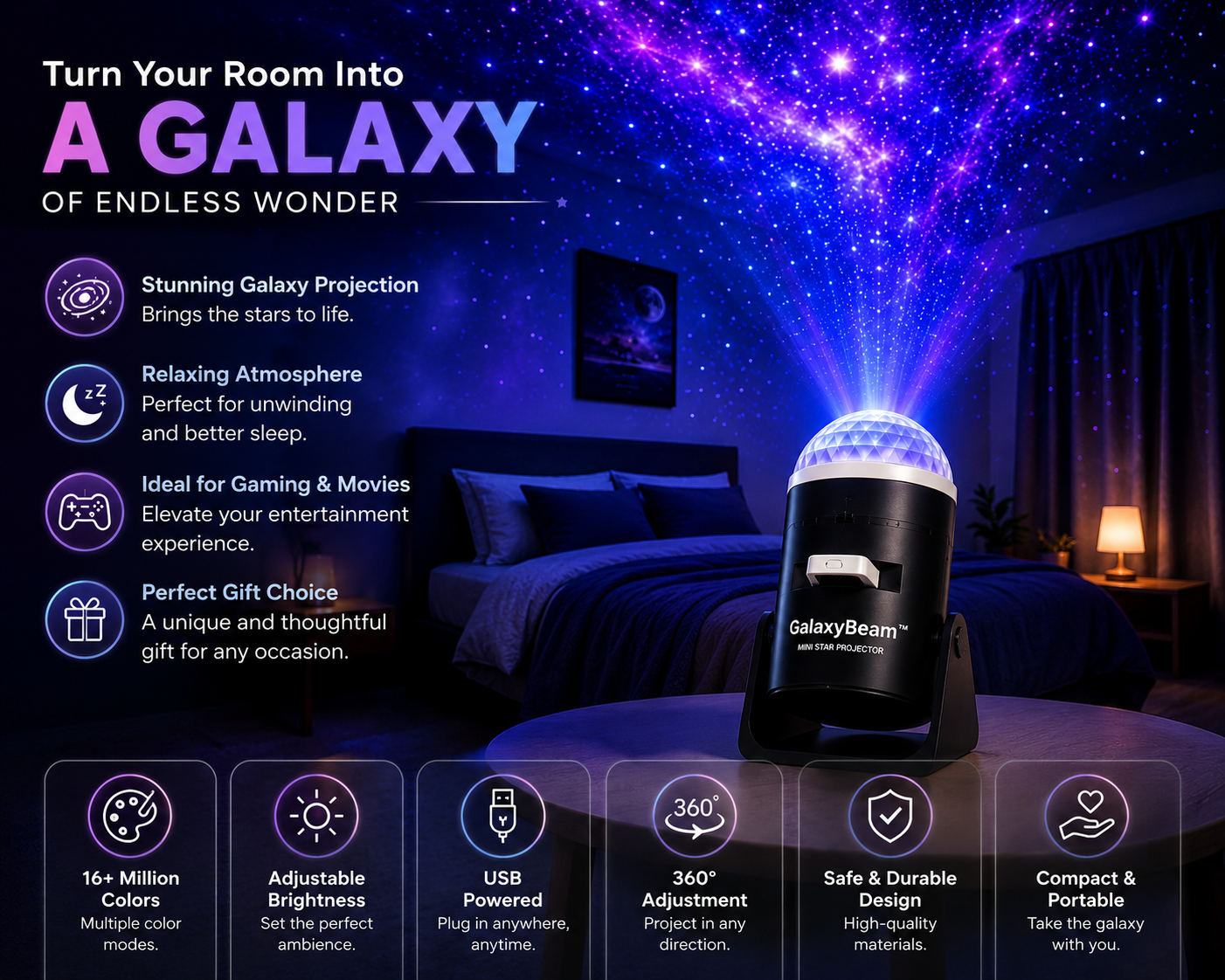 🥇 GalaxyBeam™ Mini Star Projector